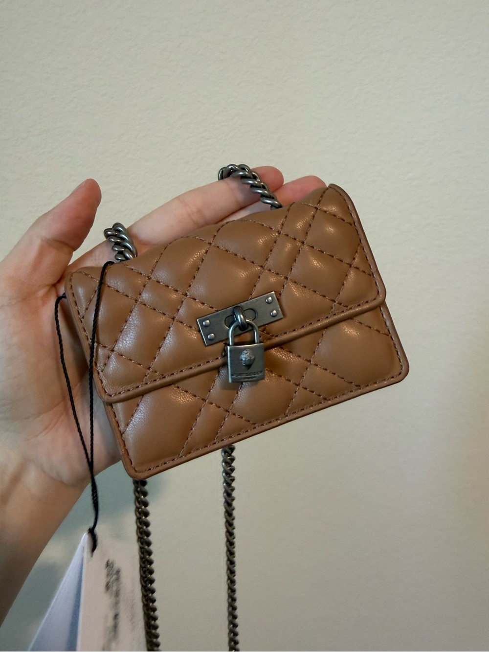 KURT GEIGER Micro Brixton Camel Color Quilted Crossbody Bag